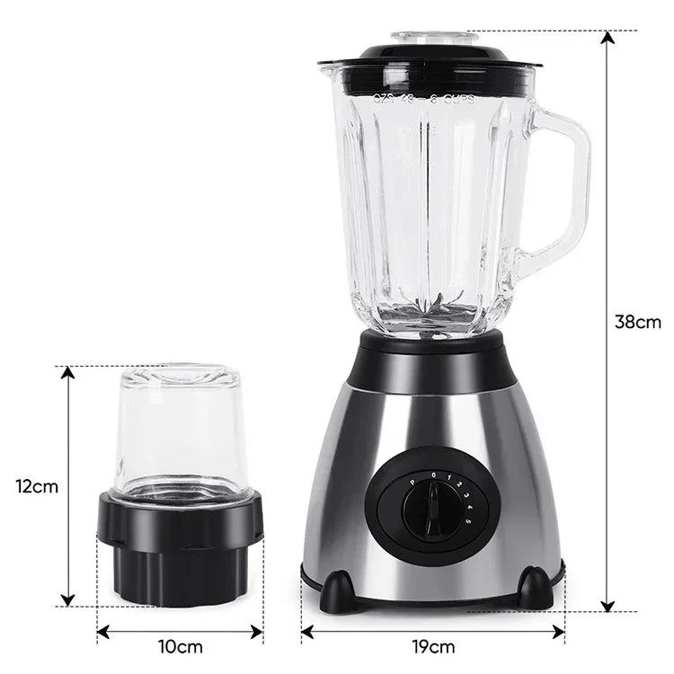 Household multifunction grinder and juicer with clear glass jug and compact cup, black base