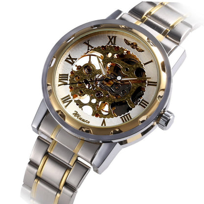 Silver and gold watch with visible mechanical components on a white background