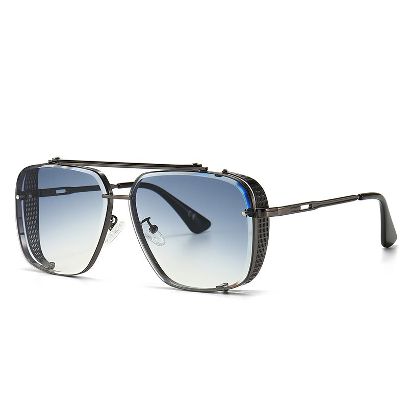 Oversized square sunglasses with blue mirrored lenses and dark metal frame