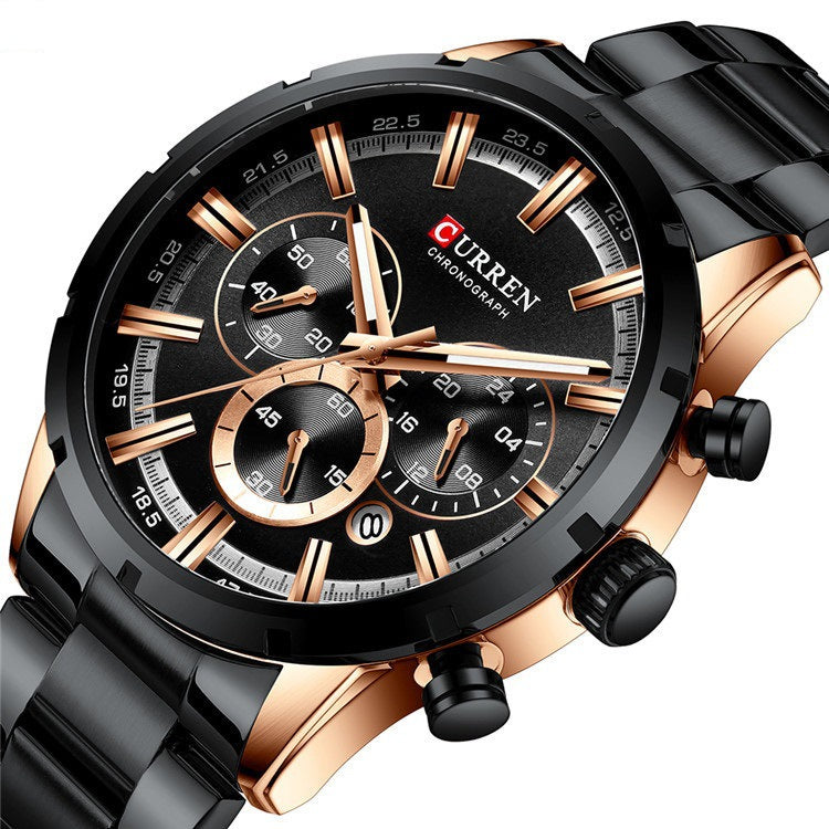 Men's business quartz watch with black dial, black case, and rose-gold accents