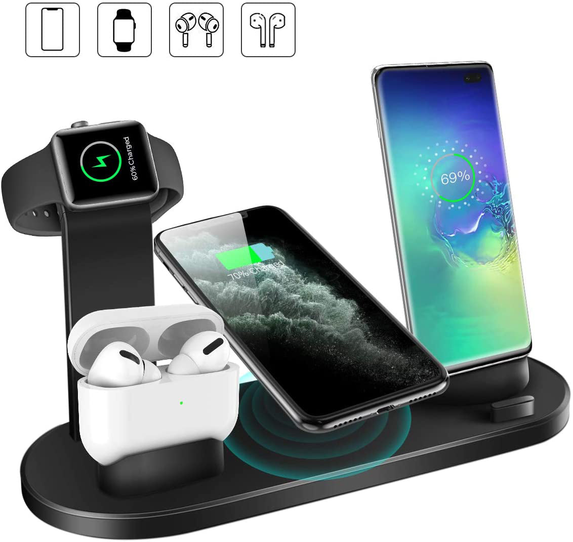 Black 4-in-1 wireless charging station with watch, phone, and earbuds holders