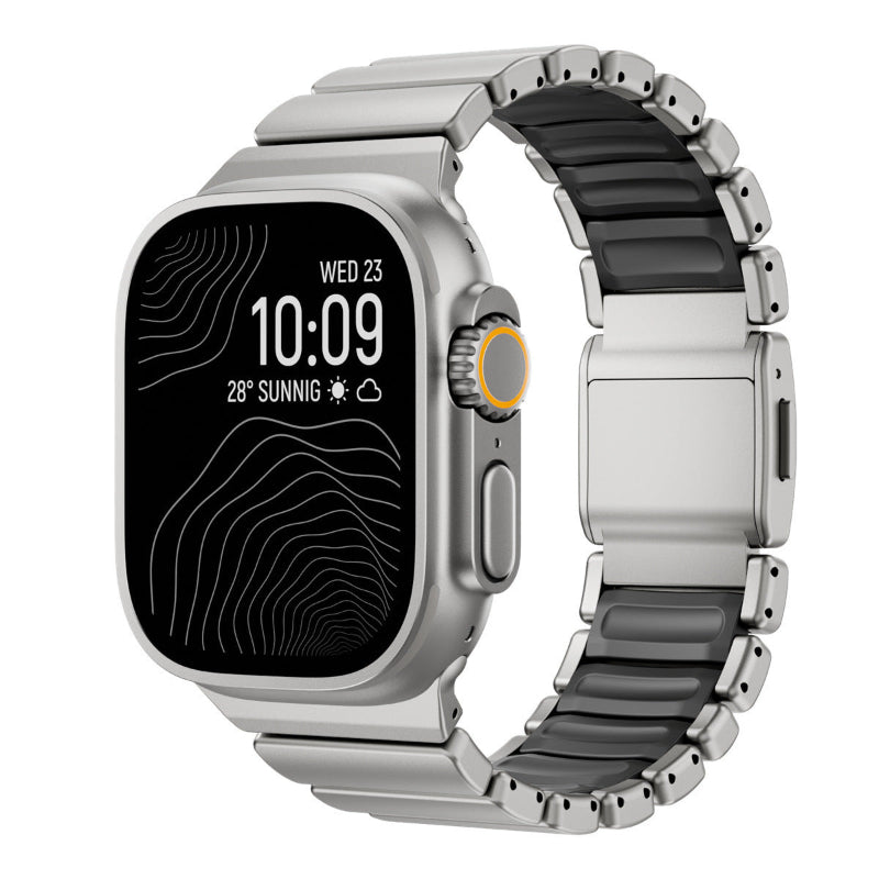 Smartwatch with a metallic band on a white background