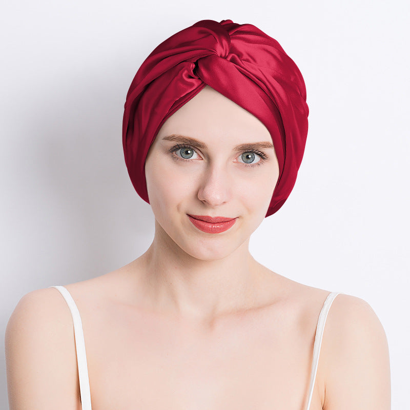 Women's satin cross nightcap, deep wine red turban with wrapped front