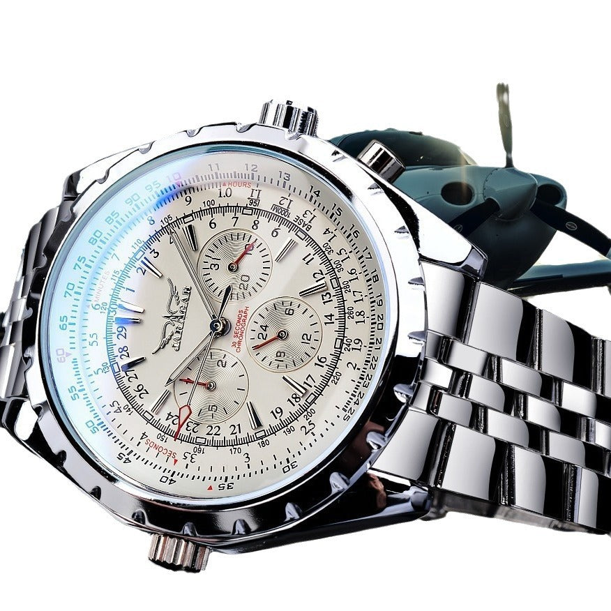 Men's mechanical chronograph watch with silver case, black leather strap, light dial with subdials