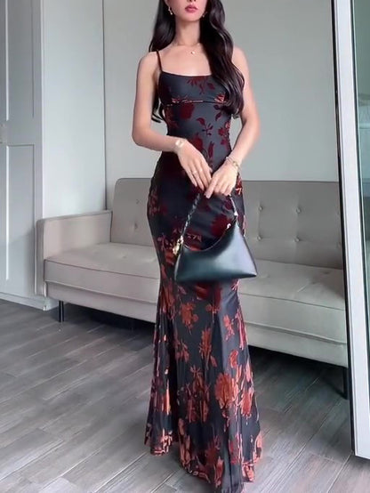 Women's Flocked Strappy Maxi Dress