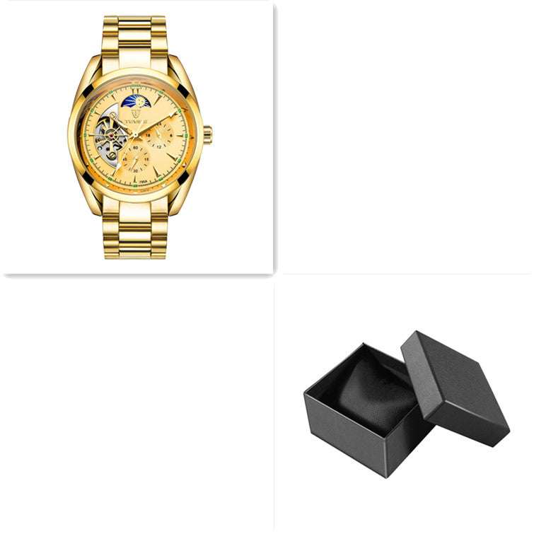Gold-tone mechanical watch with open-heart dial shown alongside an open black box