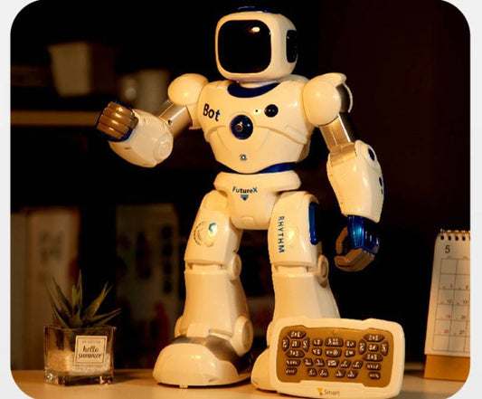 Toy robot with a control panel on a table