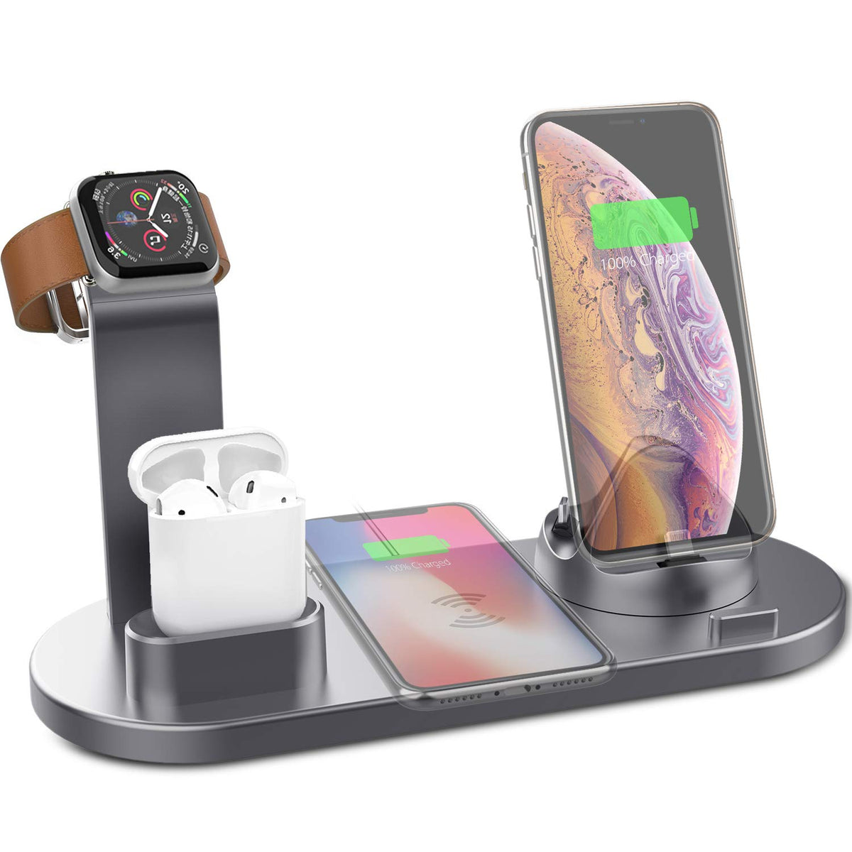 Grey 4-in-1 wireless charging station with smartwatch, phone, and earbuds cradle