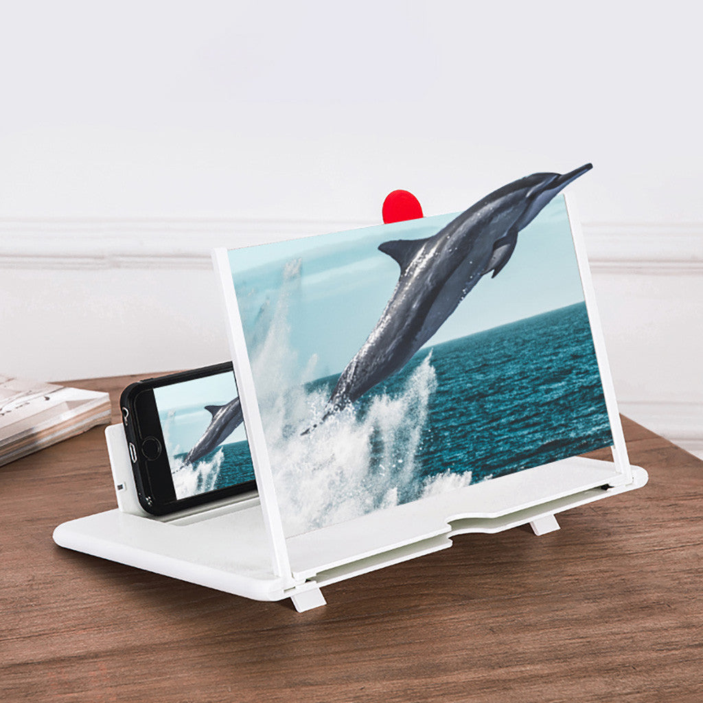 White 3D mobile screen magnifier stand with clear viewing panel and phone holder