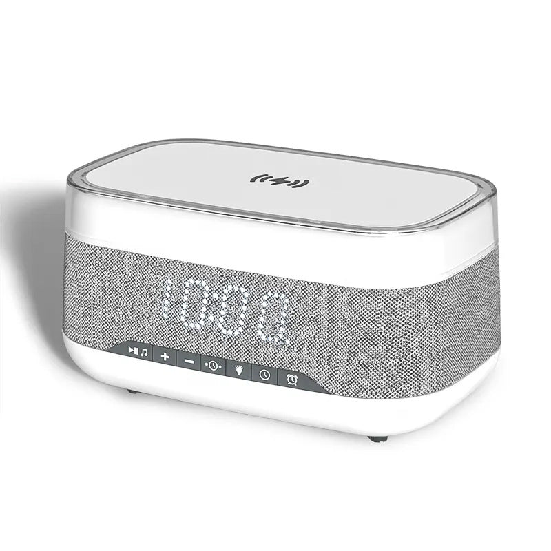 White and gray Bluetooth speaker base with top control panel and small glowing icons