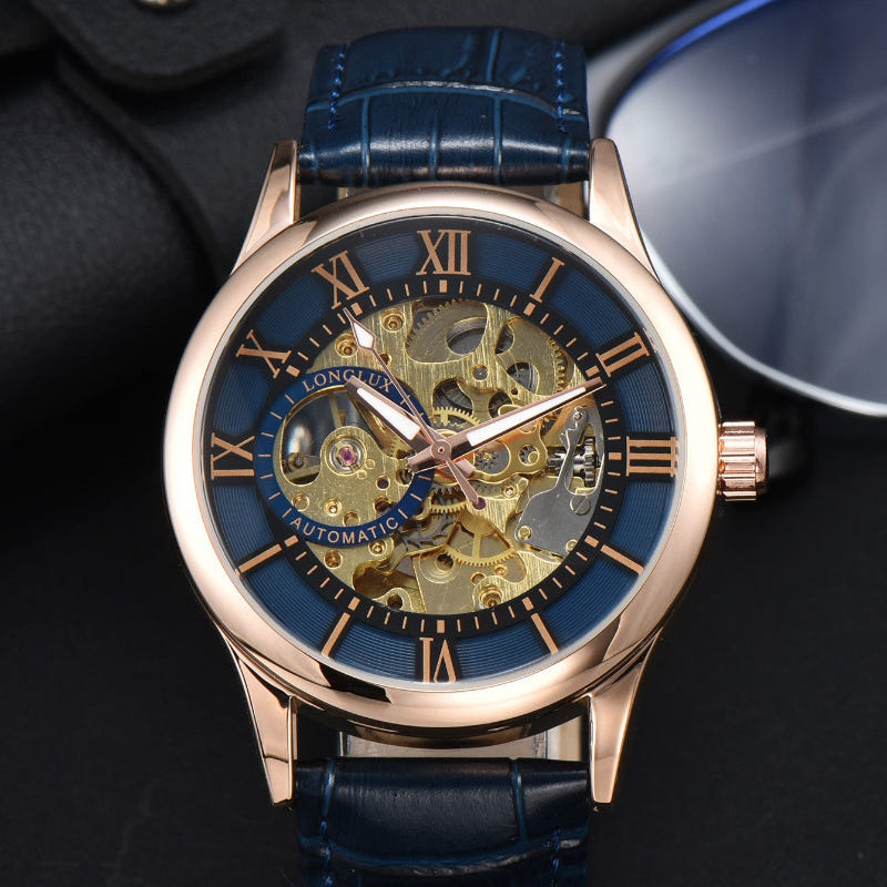 Mechanical skeleton watch with Roman numerals, blue dial, rose-gold case, blue leather strap