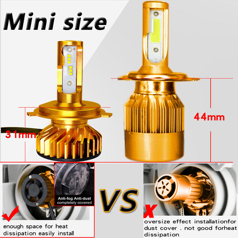 Gold car headlight bulbs with size measurements and installation comparison.