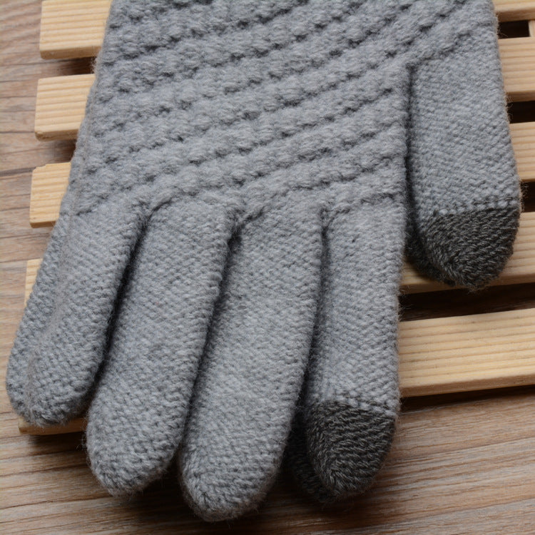 Ladies touchscreen knit gloves in heather gray with textured knit and ribbed cuffs.