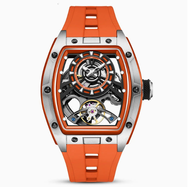 Barrel-shaped transparent automatic mechanical watch with orange rubber band and silver case