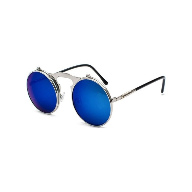 Round flip-up sunglasses with silver frame and blue mirror lenses