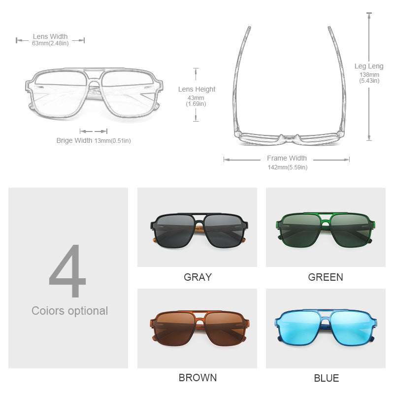 Sunglasses size chart with color options: gray, green, brown, and blue