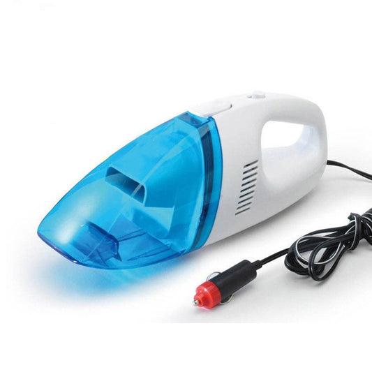 Car vacuum cleaner with blue mouthpiece and white handle on a white background