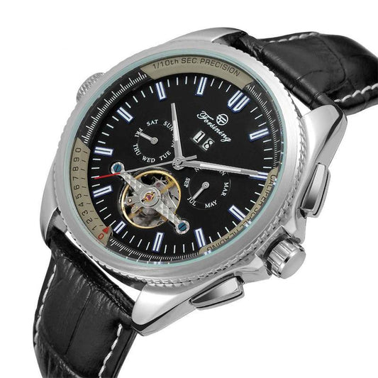 Automatic mechanical wristwatch with black leather strap and black dial, silver case