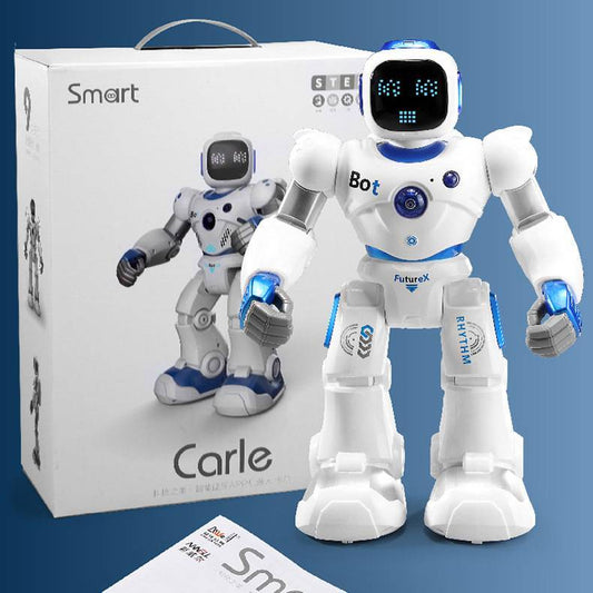White robot toy with blue accents in front of its packaging on a blue background