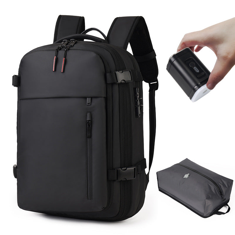 Black travel backpack with front pockets, side straps, and attached air pump