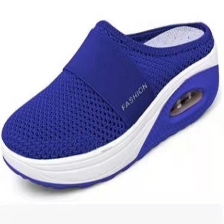 Royal blue mesh slip-on clogs with air-cushion sole and knit fabric strap