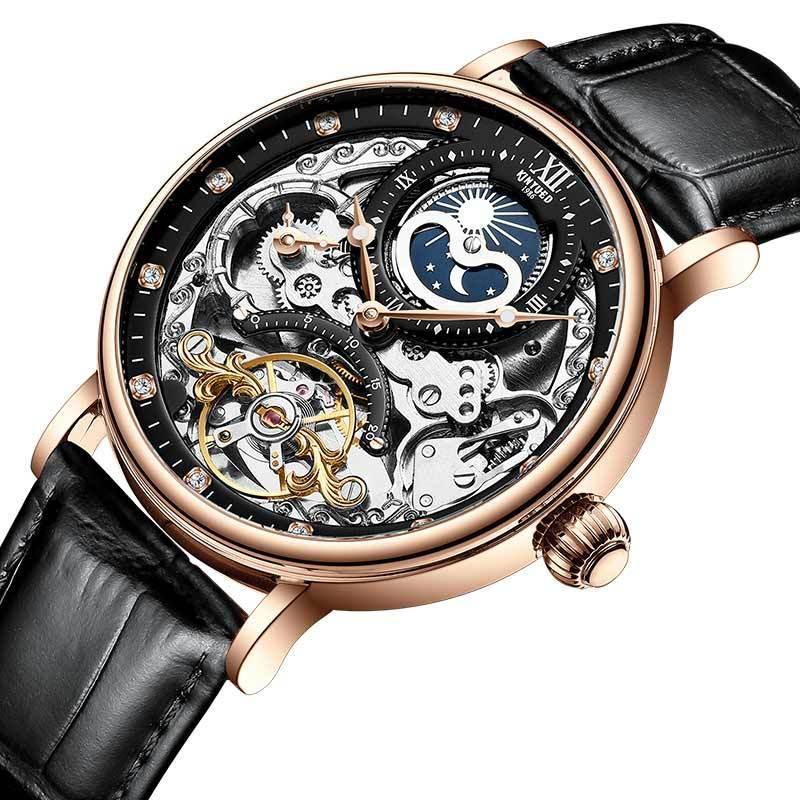 Automatic leather men's mechanical watch with black strap and rose-gold case, black open dial with moon
