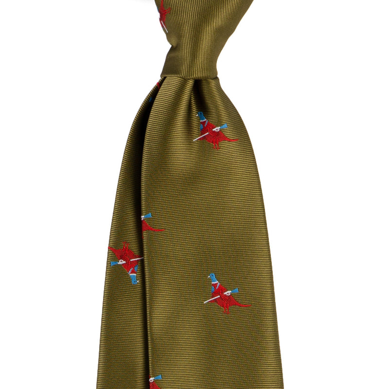 Gold yellow necktie with red and blue animal motif repeat