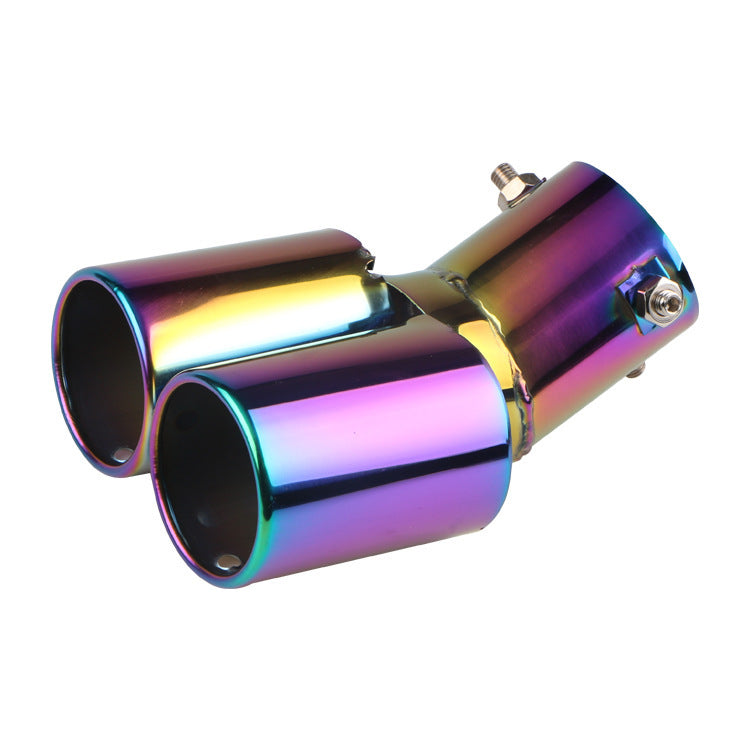 Dual exhaust muffler tips, rainbow iridescent stainless steel, round outlets with clamp bolt