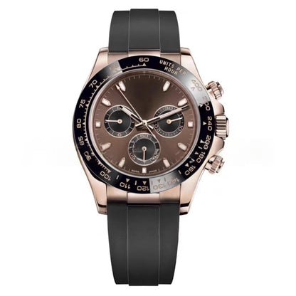 Mechanical wristwatch on black rubber strap, rose-gold case; brown dial with 3 subdials