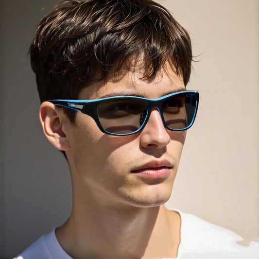 Unisex polarized sunglasses with dark blue oval frame and dark tinted lenses