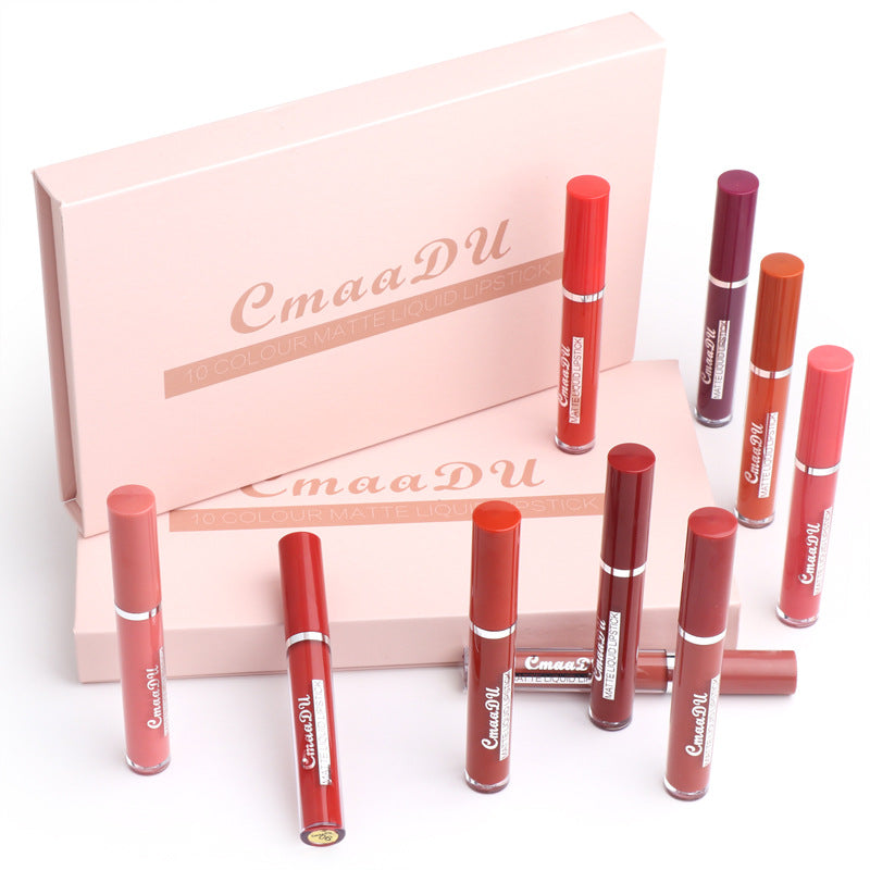 Assorted matte liquid lipsticks with red, purple, coral, and nude tubes in a gift box