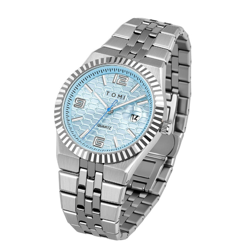 Men's minimalist quartz dress watch with silver metal bracelet and light blue honeycomb dial