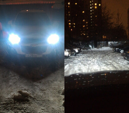 Two images showing a car's headlights on a snowy road at night.