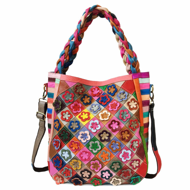 Colorful diamond plaid shoulder bag with braided handles and adjustable crossbody strap