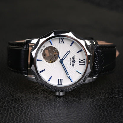 Men's automatic mechanical watch with white dial, blue accents, and black leather strap, 42mm