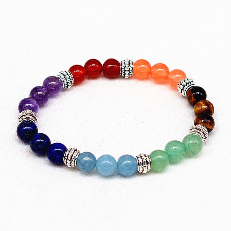 Seven chakra bead bracelet with purple and red rounds, tiger eye brown beads, silver spacers