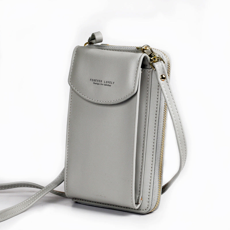 Gray PU leather crossbody wallet bag with front flap and side zipper