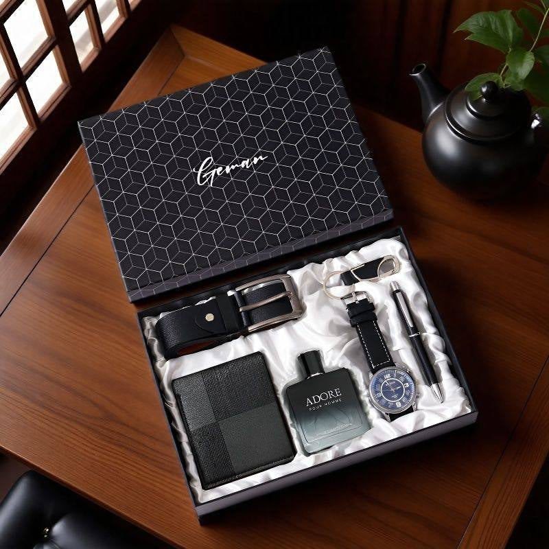 Men's gift set in black geometric box, white insert with belt, wallet, watch, sunglasses, cufflink