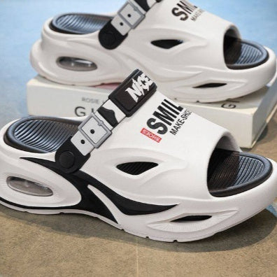 Men's high-rise thick-sole slippers, white upper with black straps and gray footbeds