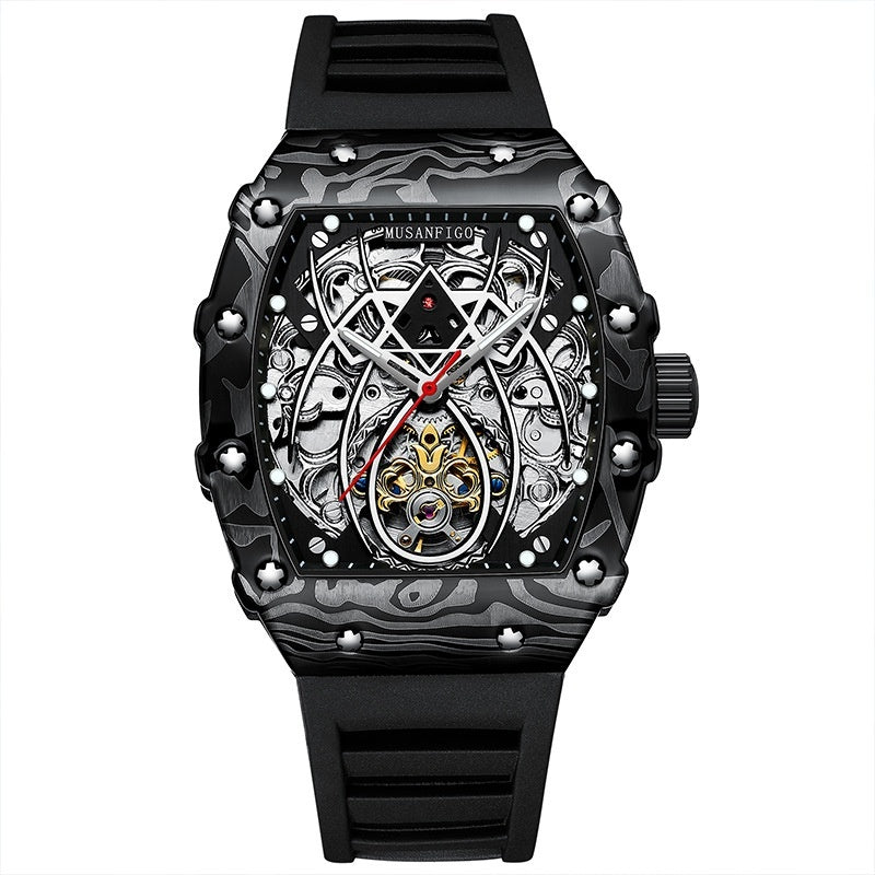 Automatic mechanical watch with black silicone strap, silver skeleton dial