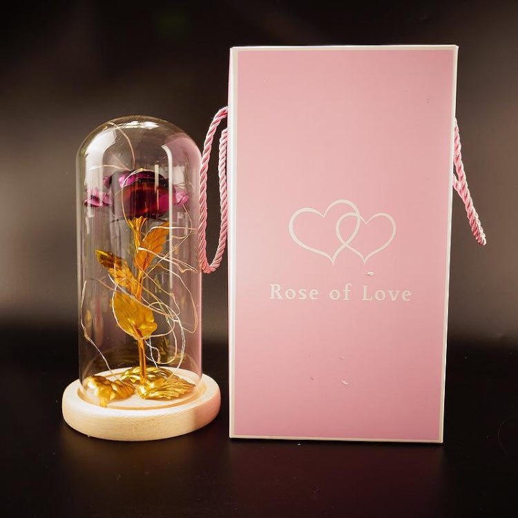 Rose of Love with a glass dome and pink packaging on a dark background