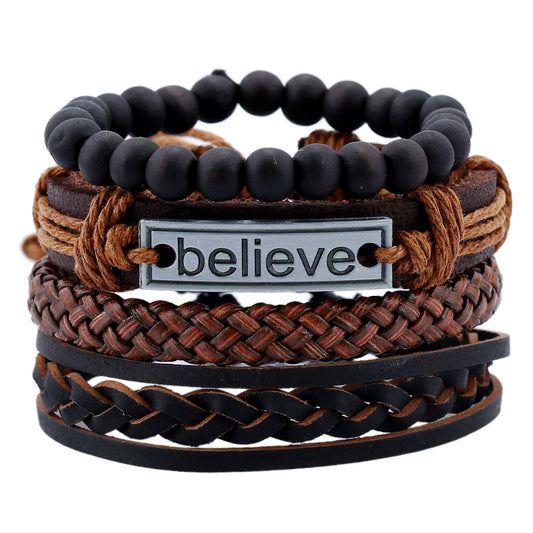 Stack of bracelets with braided and beaded design, featuring a central tag with 'believe' text.
