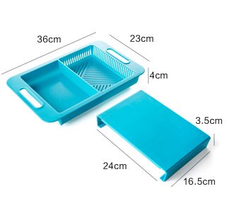 Blue kitchen tray with dimensions labeled on a white background