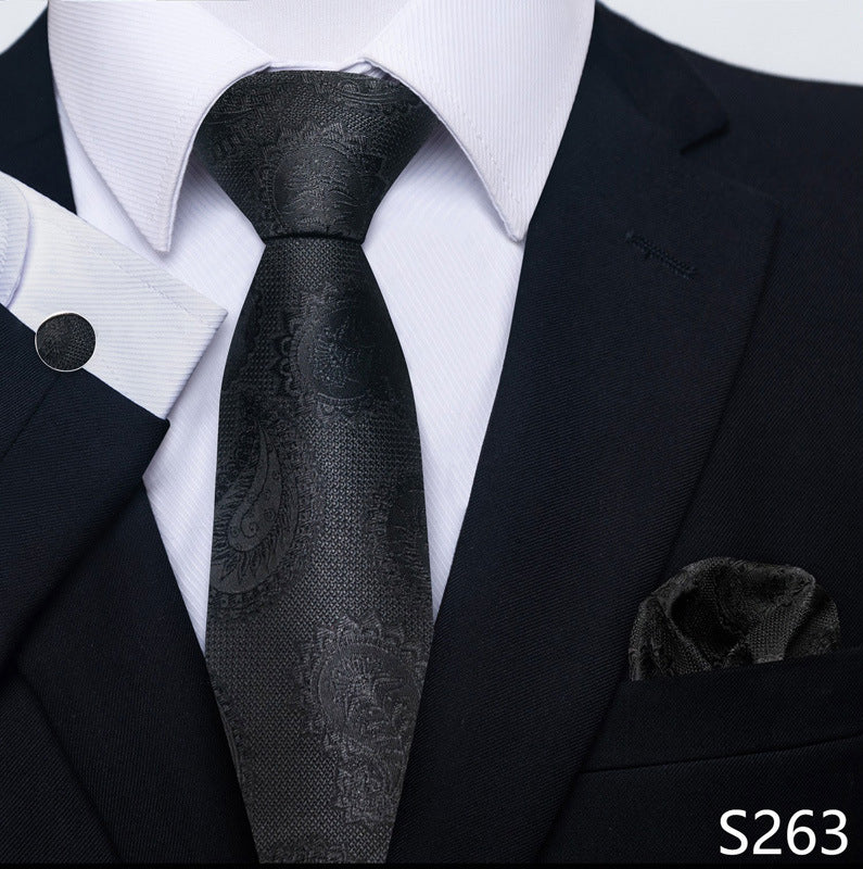 Men's formal tie set with black jacquard tie and matching pocket square, cufflink