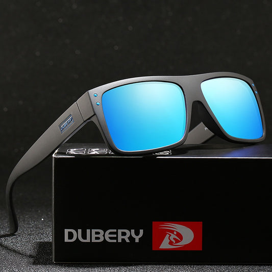 Sunglasses with blue lenses on a black box featuring the Dubery brand.