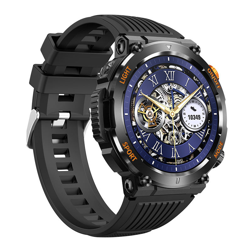 Black sport smartwatch with round blue dial, gold skeleton hands, textured rubber strap