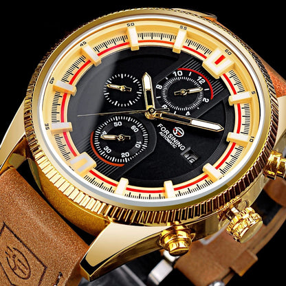 Luxury watch with gold case and brown leather strap on a black background