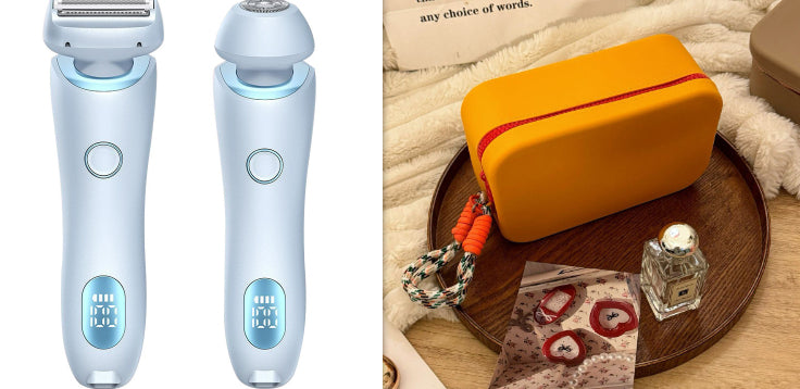 2-in-1 hair removal epilator in light blue with LED display, shown with orange case