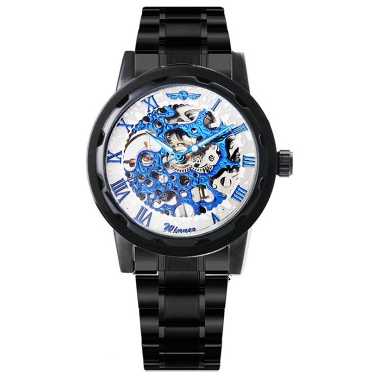 Black wristwatch with blue mechanical components on a white background