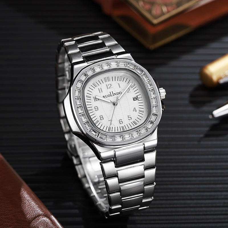 Men's stainless steel quartz wrist watch with white dial and silver metal link bracelet